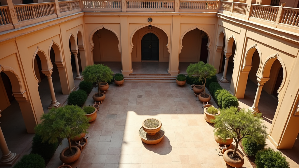 High angle view of a luxury heritage hotel courtyard in Rajasthan