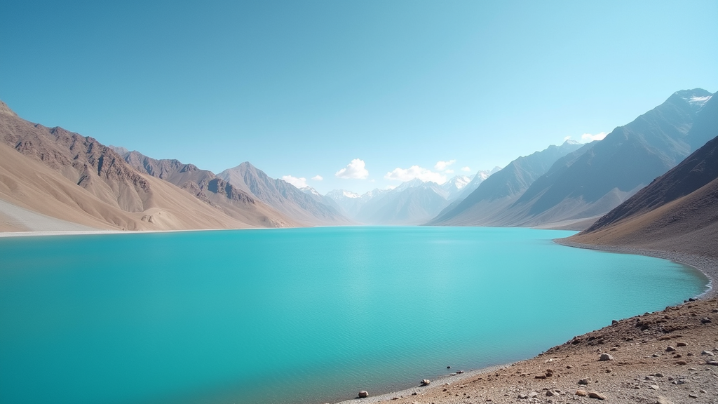 Wide angle view of the turquoise waters of Pangong Lake surrounded by barren mountains