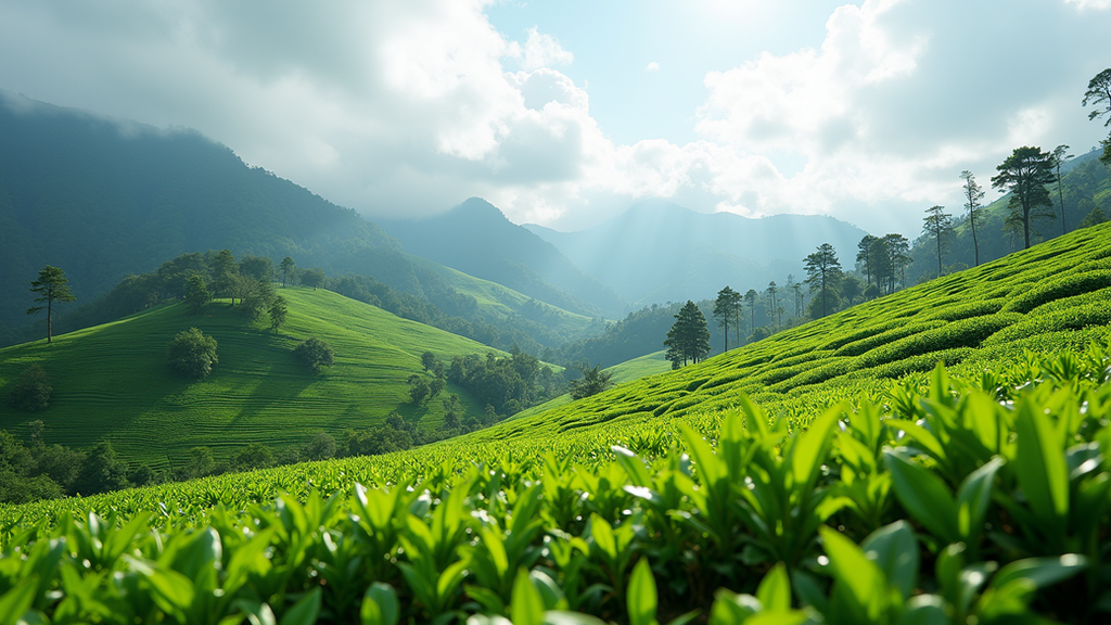 Wide angle view of lush green tea plantations in Munnar hills