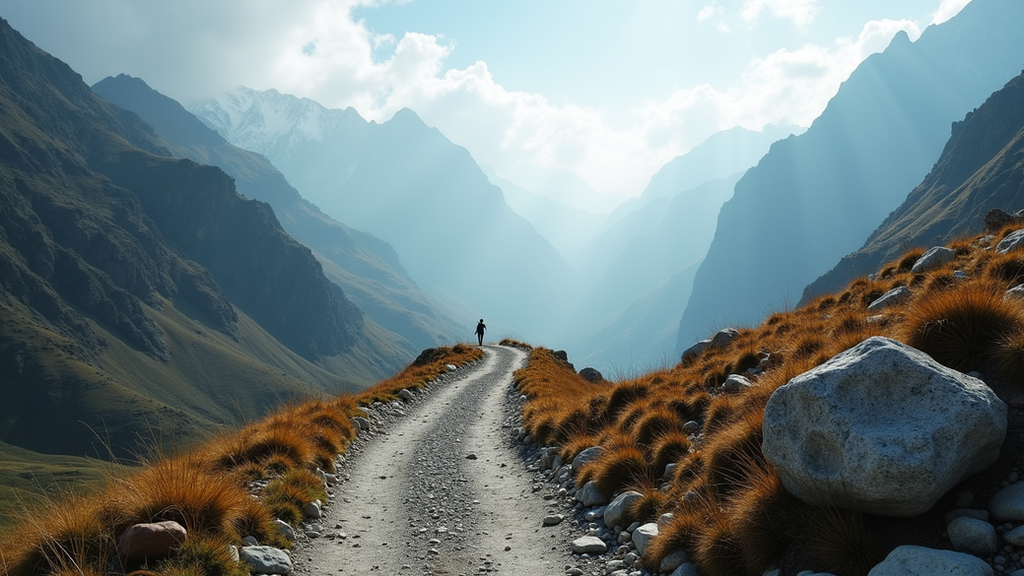 Eye-level view of a mountain trail winding through the Himalaya
