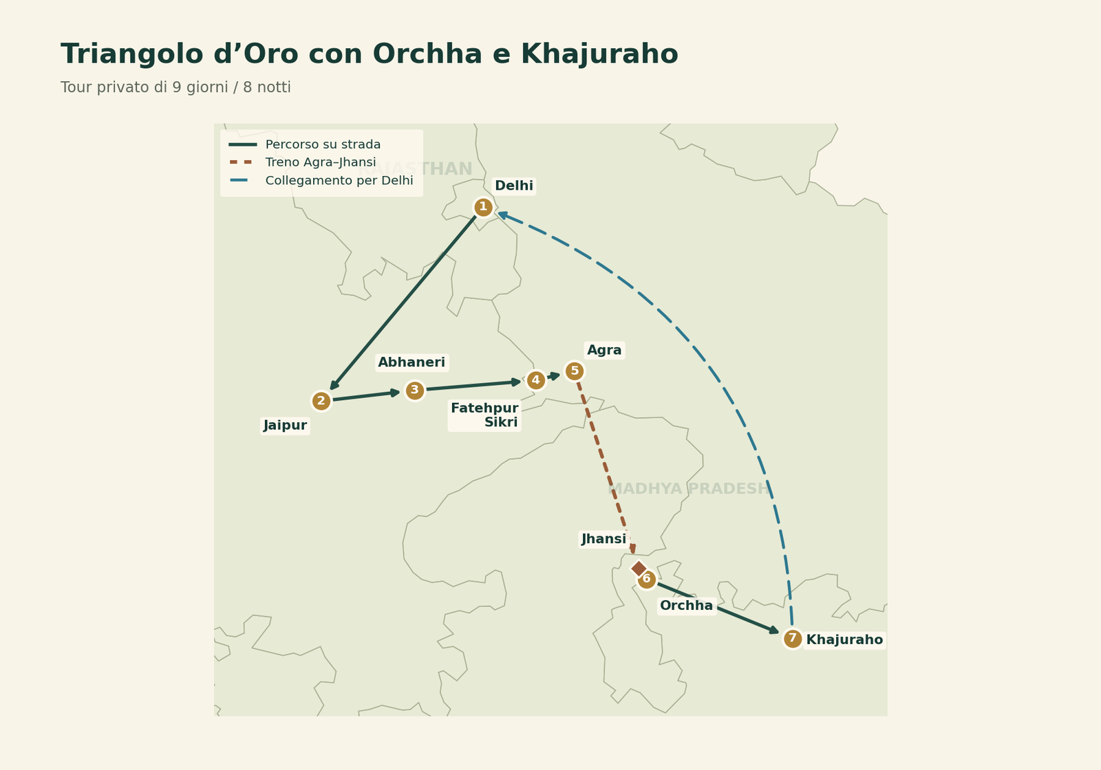 Mappa del Triangolo d’Oro con Orchha e Khajuraho