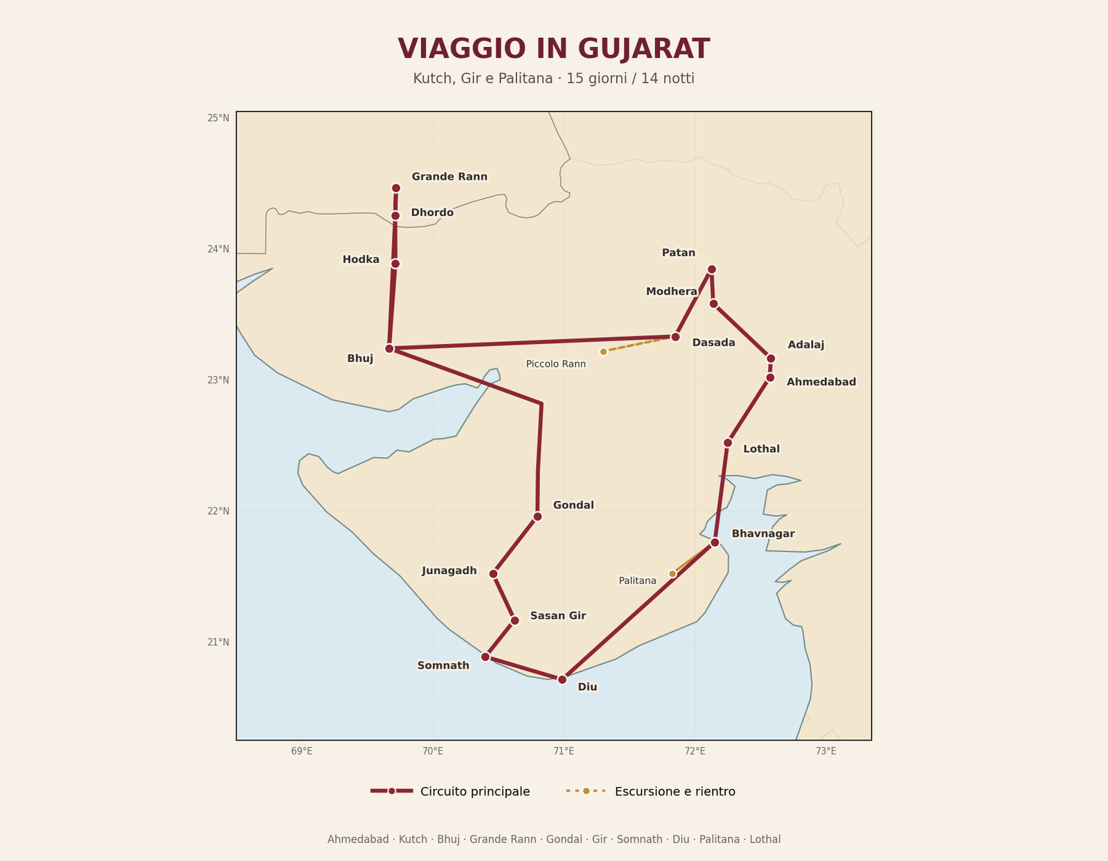 Mappa del viaggio in Gujarat tra Ahmedabad, Kutch, Gir e Palitana