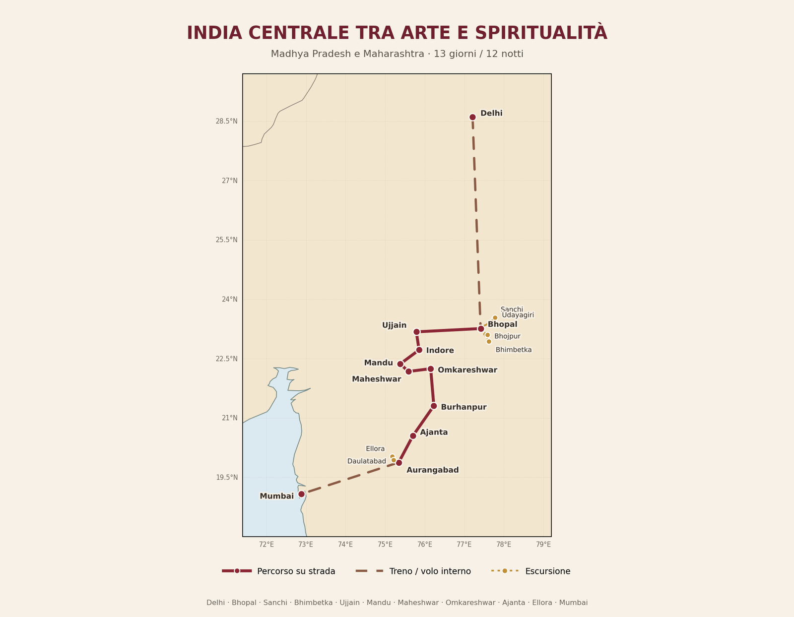 Mappa del viaggio in India Centrale da Delhi a Mumbai