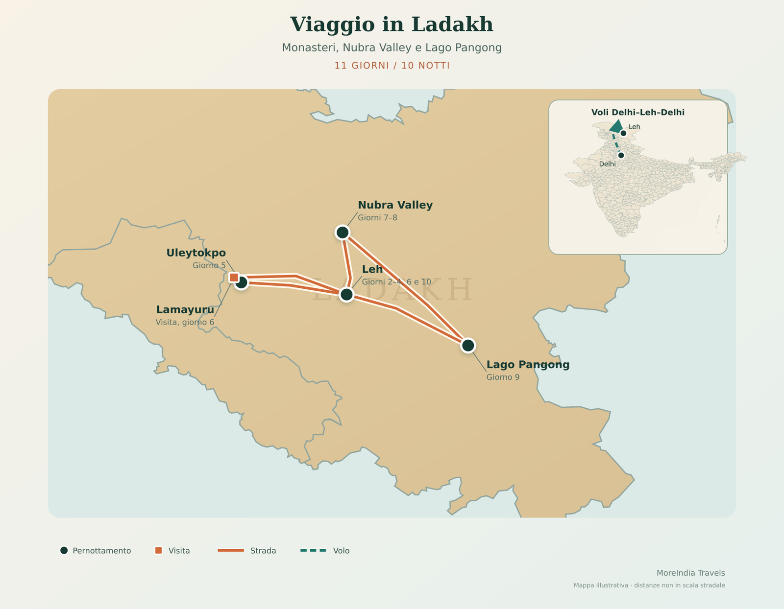 Mappa del viaggio in Ladakh di 11 giorni tra Leh, Nubra Valley e Lago Pangong